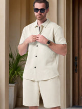 Men's Cotton Blend Shirt and Shorts Set, Relaxed Fit with Geometric Pattern for Casual Summer Wear 0