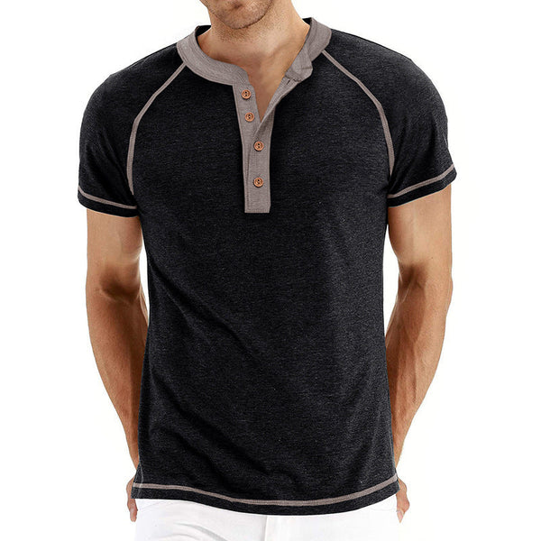 Men's Cotton Blend Short Sleeve Henley T-Shirt with Contrast Stitching – Casual Regular Fit 0