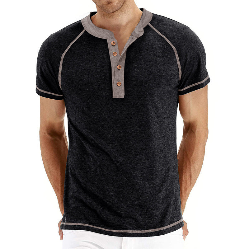 Men's Cotton Blend Short Sleeve Henley T-Shirt with Contrast Stitching – Casual Regular Fit 0