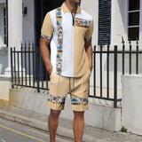Men's Cotton Shirt and Shorts Set with Zipper Neck and Geometric Trim – Summer Casual Outfit for Men 0