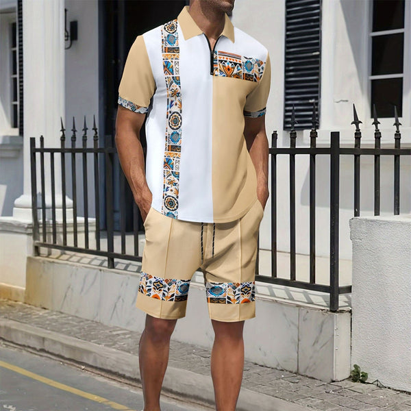 Men's Cotton Shirt and Shorts Set with Zipper Neck and Geometric Trim – Summer Casual Outfit for Men 0