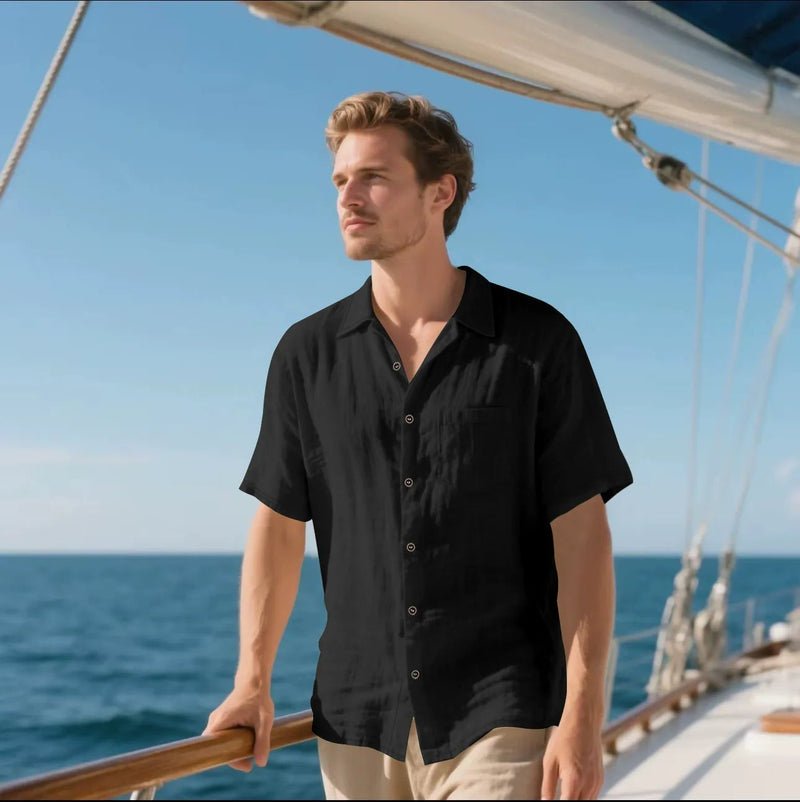 Men's Linen Button-Up Shirt, Relaxed Fit Short Sleeve Casual Shirt with Chest Pocket 0
