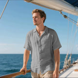 Men's Linen Button-Up Shirt, Relaxed Fit Short Sleeve Casual Shirt with Chest Pocket 1