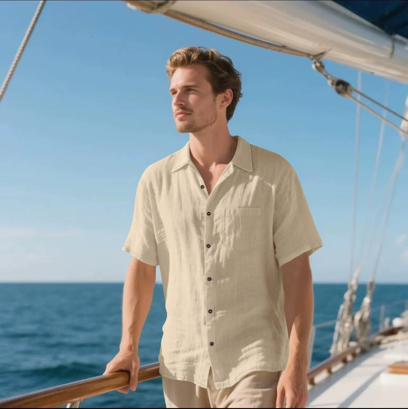 Men's Linen Button-Up Shirt, Relaxed Fit Short Sleeve Casual Shirt with Chest Pocket 2