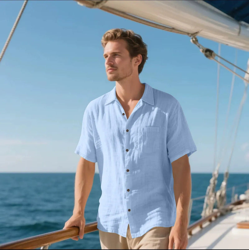 Men's Linen Button-Up Shirt, Relaxed Fit Short Sleeve Casual Shirt with Chest Pocket 3