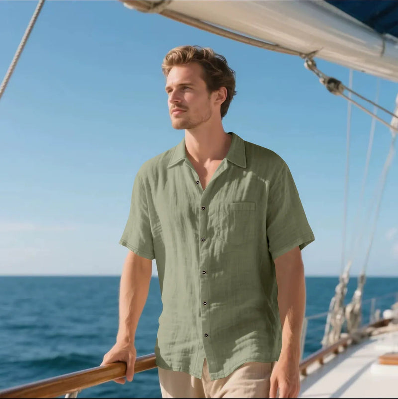 Men's Linen Button-Up Shirt, Relaxed Fit Short Sleeve Casual Shirt with Chest Pocket 4