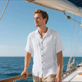 Men's Linen Button-Up Shirt, Relaxed Fit Short Sleeve Casual Shirt with Chest Pocket 5