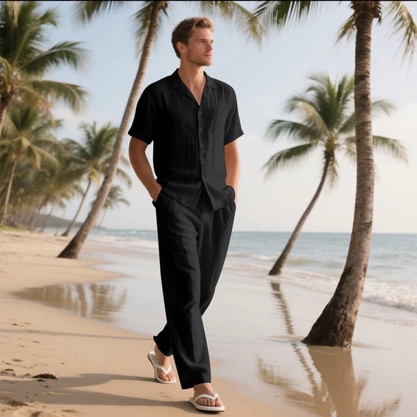 Men's Linen Shirt and Pants Set – Relaxed Fit, Short Sleeve Casual Outfit with Elastic Waist for Comfort 0