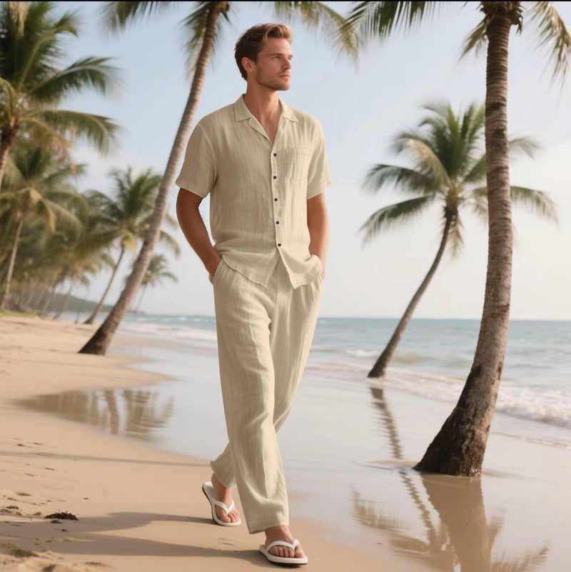 Men's Linen Shirt and Pants Set – Relaxed Fit, Short Sleeve Casual Outfit with Elastic Waist for Comfort 2