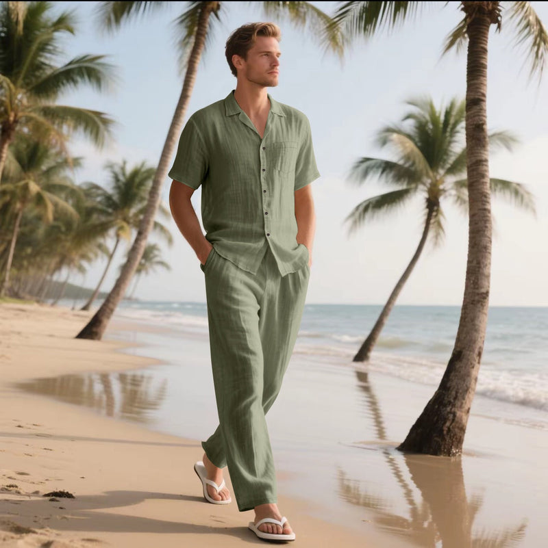 Men's Linen Shirt and Pants Set – Relaxed Fit, Short Sleeve Casual Outfit with Elastic Waist for Comfort 3