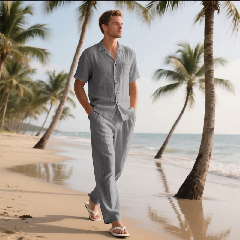 Men's Linen Shirt and Pants Set – Relaxed Fit, Short Sleeve Casual Outfit with Elastic Waist for Comfort 4