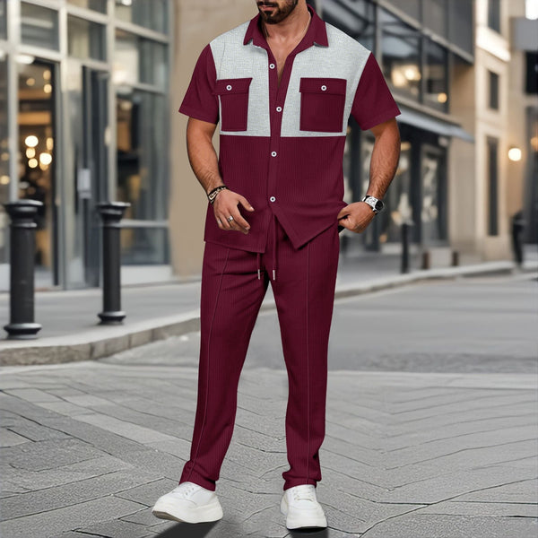 Men's Loungewear Set – Soft Waffle Knit Relaxed Fit Shirt and Drawstring Tapered Lounge Pants 0
