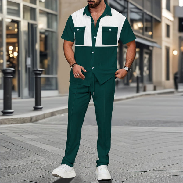 Men's Loungewear Set – Soft Waffle Knit Relaxed Fit Shirt and Drawstring Tapered Lounge Pants 1