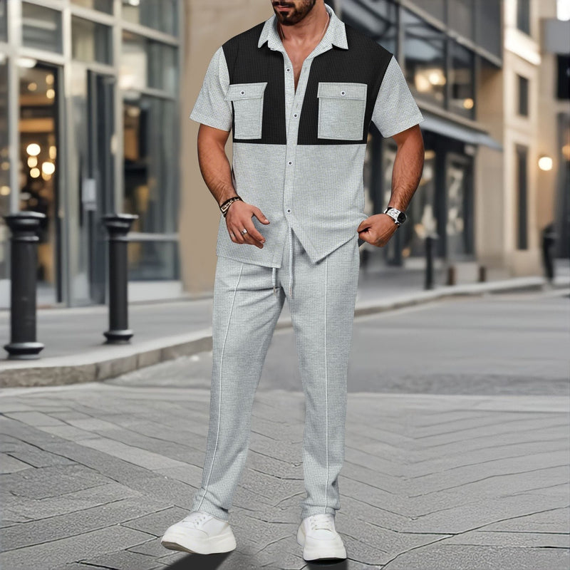 Men's Loungewear Set – Soft Waffle Knit Relaxed Fit Shirt and Drawstring Tapered Lounge Pants 2