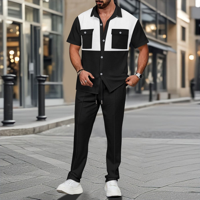 Men's Loungewear Set – Soft Waffle Knit Relaxed Fit Shirt and Drawstring Tapered Lounge Pants 3