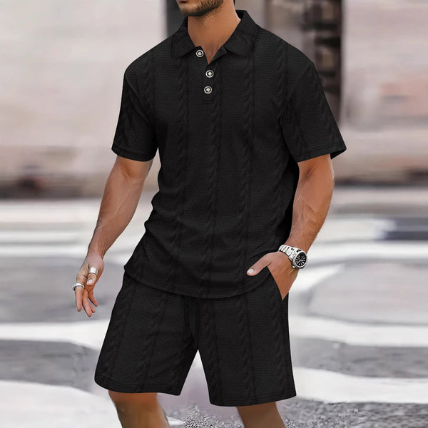 Men's Polo Shirt and Bermuda Shorts Set, Relaxed Fit Casual Outfit, Breathable Knit Fabric for Summer 1