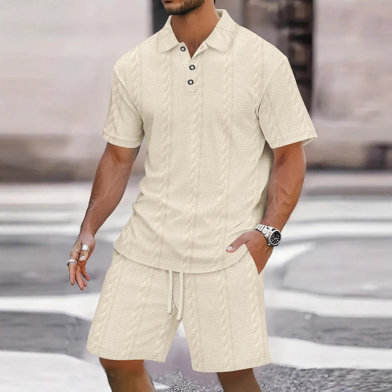 Men's Polo Shirt and Bermuda Shorts Set, Relaxed Fit Casual Outfit, Breathable Knit Fabric for Summer 2