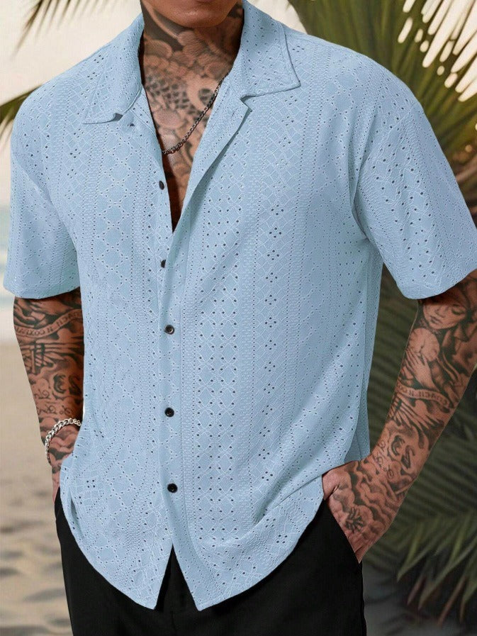 Men's Short Sleeve Casual Shirt in Cotton Jacquard - Regular Fit for Warm Weather 0