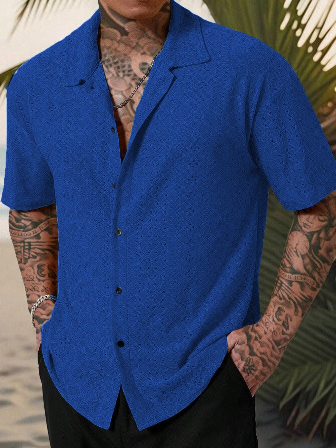 Men's Short Sleeve Casual Shirt in Cotton Jacquard - Regular Fit for Warm Weather 4