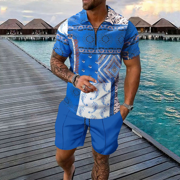 Men's Slim Fit Zip Polo Shirt and Knee-Length Shorts Set with Digital Print for Casual Wear 0