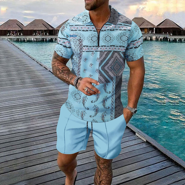 Men's Slim Fit Zip Polo Shirt and Knee-Length Shorts Set with Digital Print for Casual Wear 1
