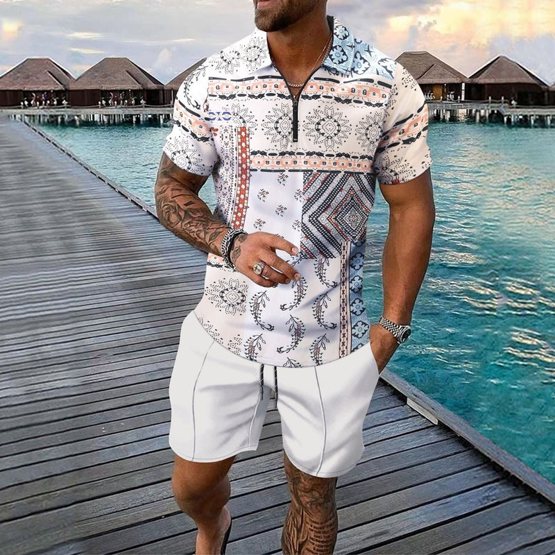 Men's Slim Fit Zip Polo Shirt and Knee-Length Shorts Set with Digital Print for Casual Wear 2