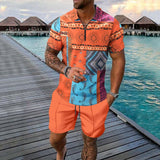 Men's Slim Fit Zip Polo Shirt and Knee-Length Shorts Set with Digital Print for Casual Wear 3