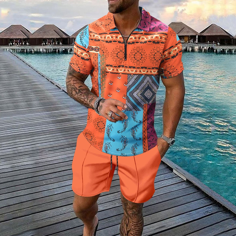 Men's Slim Fit Zip Polo Shirt and Knee-Length Shorts Set with Digital Print for Casual Wear 3