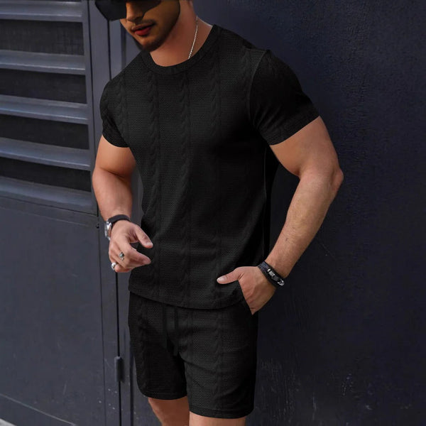 Men's Textured Knit T-Shirt and Shorts Set – Casual Comfort, Crew Neck Tee with Drawstring Waist, Summer Outfit 0