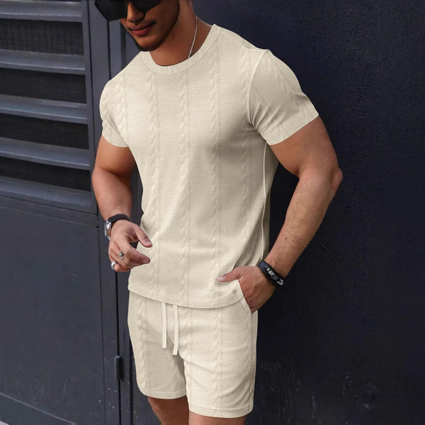 Men's Textured Knit T-Shirt and Shorts Set – Casual Comfort, Crew Neck Tee with Drawstring Waist, Summer Outfit 1