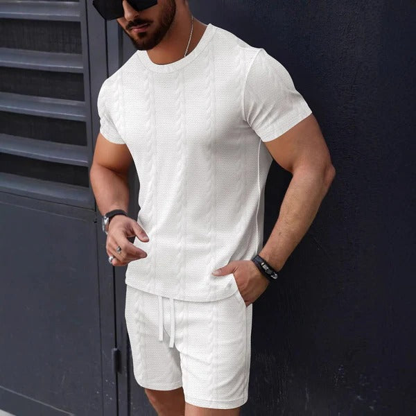 Men's Textured Knit T-Shirt and Shorts Set – Casual Comfort, Crew Neck Tee with Drawstring Waist, Summer Outfit 2