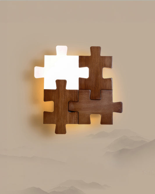 PuzzleGlow – Modern LED Wall Lamp with Wooden Playful Design