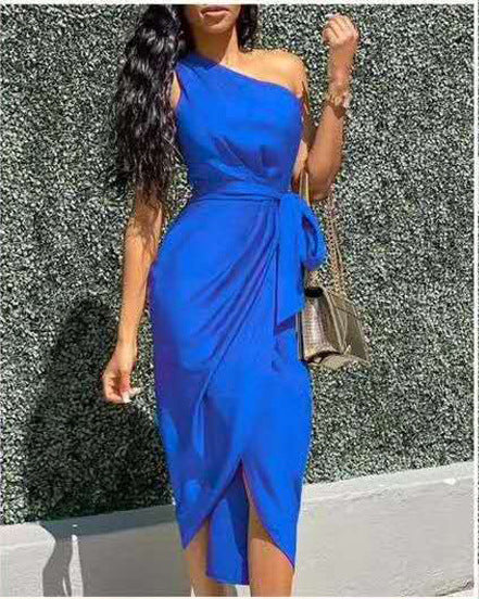 One Shoulder Midi Dress for Women – Slim Fit Draped Design with Side Tie for Cocktail and Formal Events 0