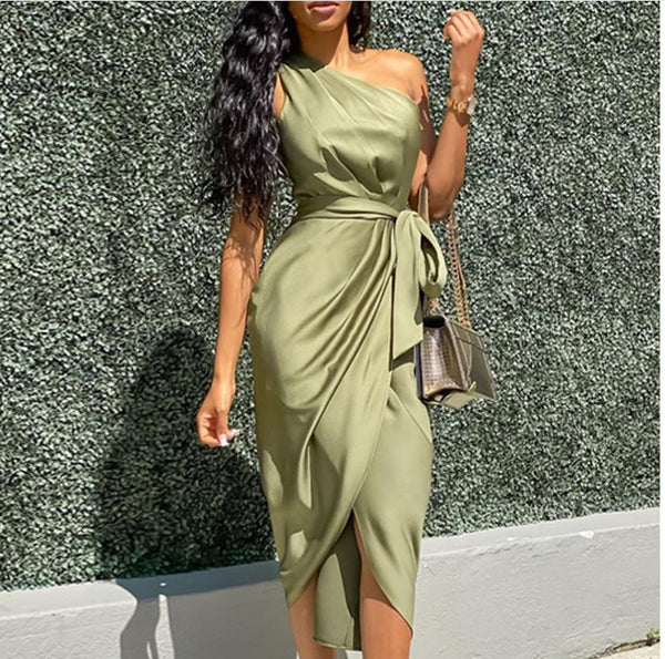 One Shoulder Midi Dress for Women – Slim Fit Draped Design with Side Tie for Cocktail and Formal Events 1