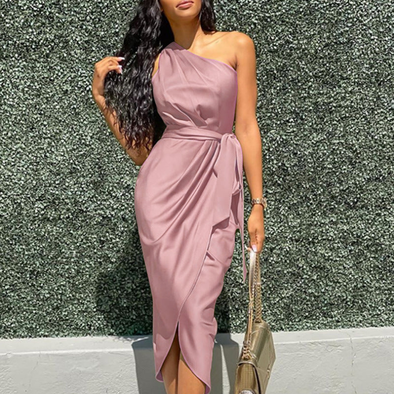 One Shoulder Midi Dress for Women – Slim Fit Draped Design with Side Tie for Cocktail and Formal Events 2