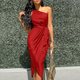 One Shoulder Midi Dress for Women – Slim Fit Draped Design with Side Tie for Cocktail and Formal Events 3