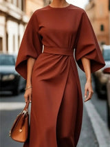 Women's Midi Dress with Belt & Statement Sleeves
