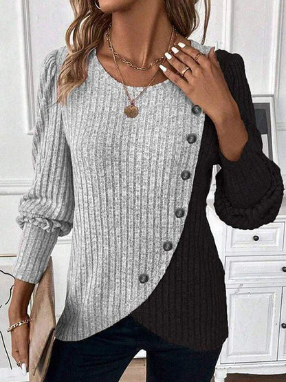Vada – Women's Cozy Contrast Knit Sweater | Autumn O-Neck Long Sleeve Pullover