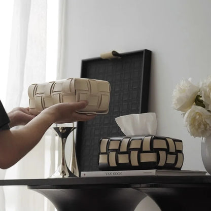 Sorrento Vegan Leather Tissue Box Cover - Elegant Woven Design Holder-3