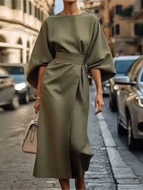 Women's Midi Dress with Belt & Statement Sleeves