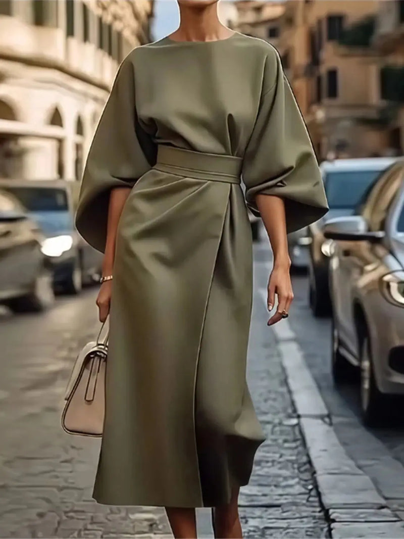 Women's Midi Dress with Belt & Statement Sleeves