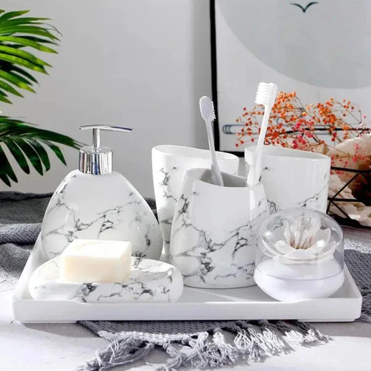 MarbleLuxe - 7-Piece Elegant Bathroom Accessories Set in Durable Ceramic Finish-2