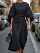 Women's Midi Dress with Belt & Statement Sleeves