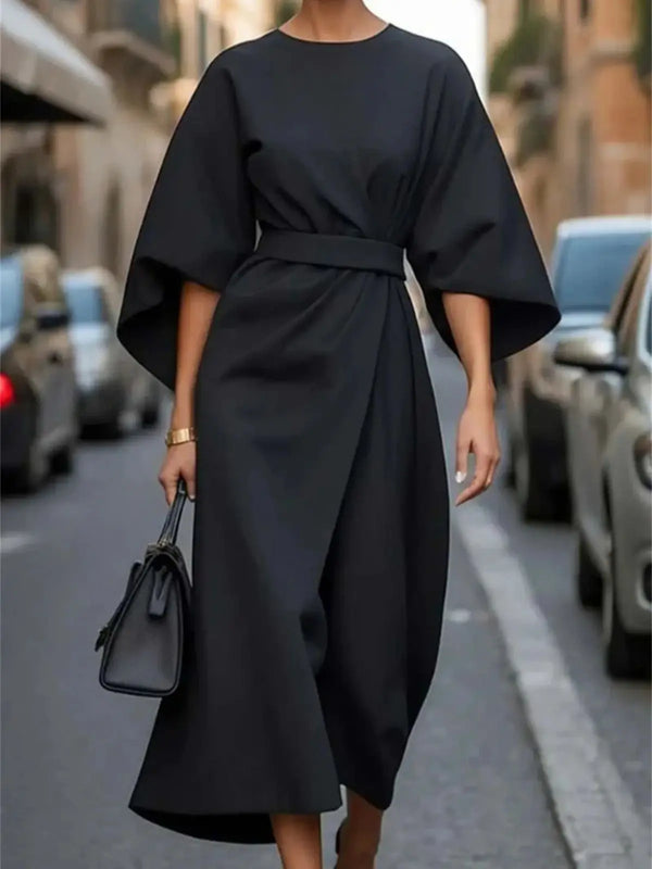 Women's Midi Dress with Belt & Statement Sleeves