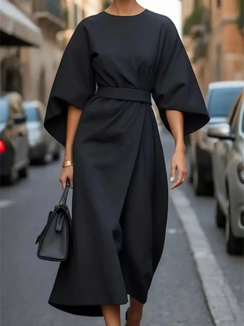 Women's Midi Dress with Belt & Statement Sleeves