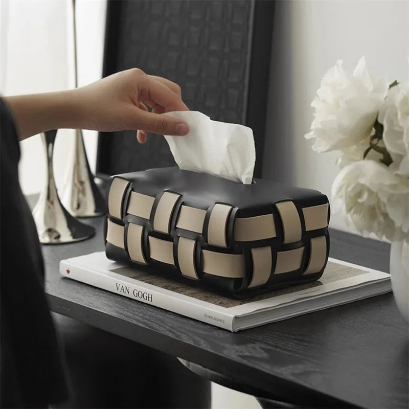 Sorrento Vegan Leather Tissue Box Cover - Elegant Woven Design Holder-2