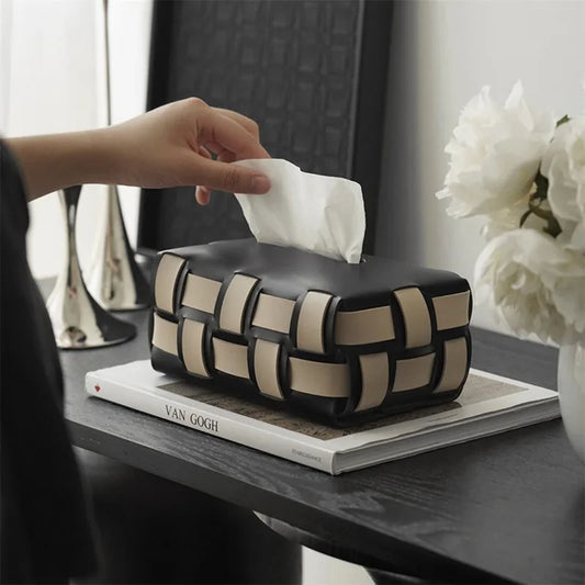 Sorrento Vegan Leather Tissue Box Cover - Elegant Woven Design Holder-2