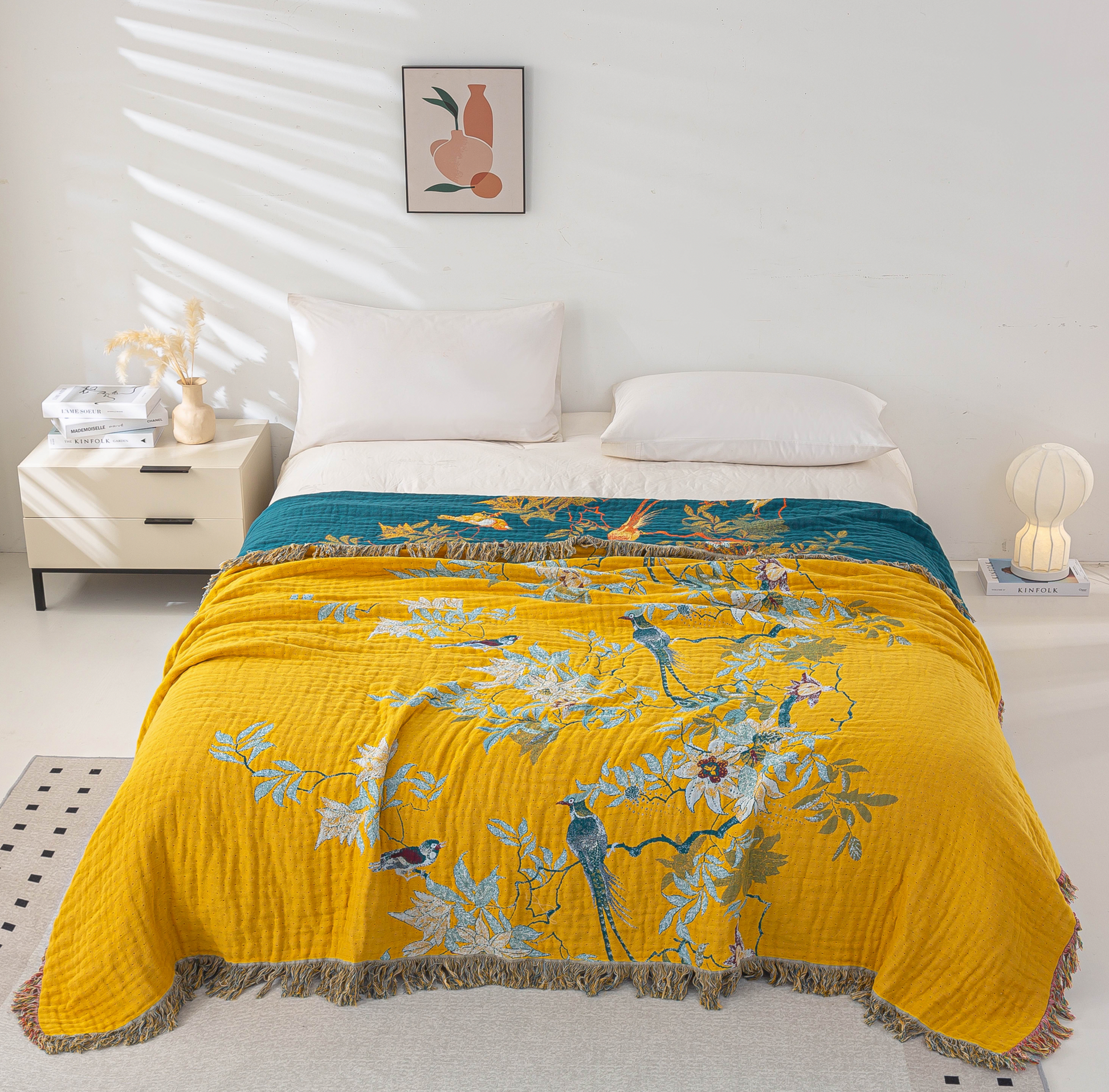 Cozy Cotton Reversible Blanket - 200x230 cm with Golden Birds Design-3