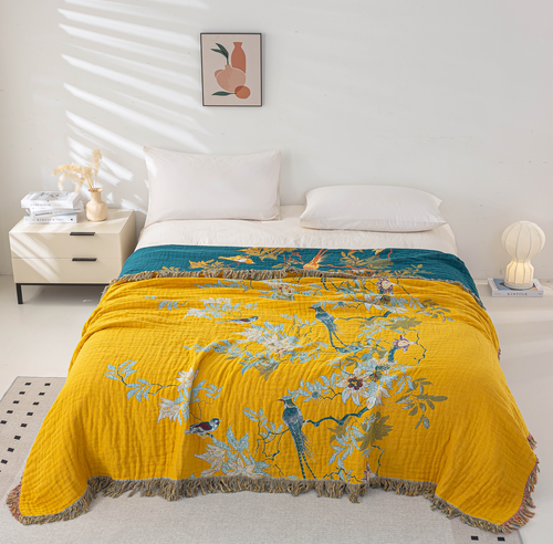 Cozy Cotton Reversible Blanket - 200x230 cm with Golden Birds Design-3