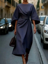 Women's Midi Dress with Belt & Statement Sleeves